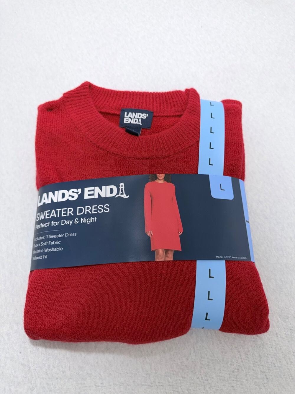 Lands' End Women's Long Sleeve Relaxed Fit Crewneck Sweater Dress Size L Red NWT